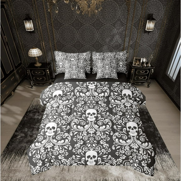 Damask Gothic Bedding Set Adults Antique Victorian Bed in a Bag Queen Comforter Set 7 Piece,Black and White Sugar Skull Sheet Set Vintage Floral Goth Bed Set,Exotic Bone Skeleton Bohemian Decor