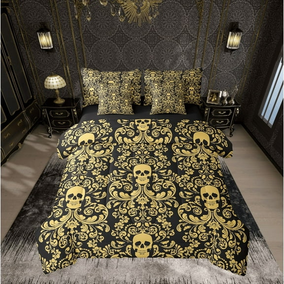 Damask Gothic Bedding Set Adults Antique Victorian Bed in a Bag Queen Comforter Set 7 Piece,Black Yellow Sugar Skull Sheet Set Vintage Floral Goth Bed Set,Exotic Bone Skeleton Bohemian Decor