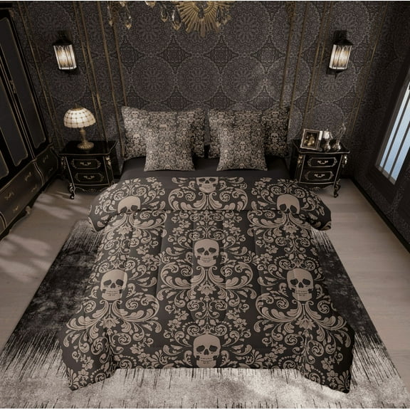 Damask Gothic Bedding Set Adults Antique Victorian Bed in a Bag Queen Comforter Set 7 Piece,Burnt Sienna Sugar Skull Sheet Set Vintage Baroque Floral Goth Bed Set,Exotic Bone Skeleton Bohemian Decor