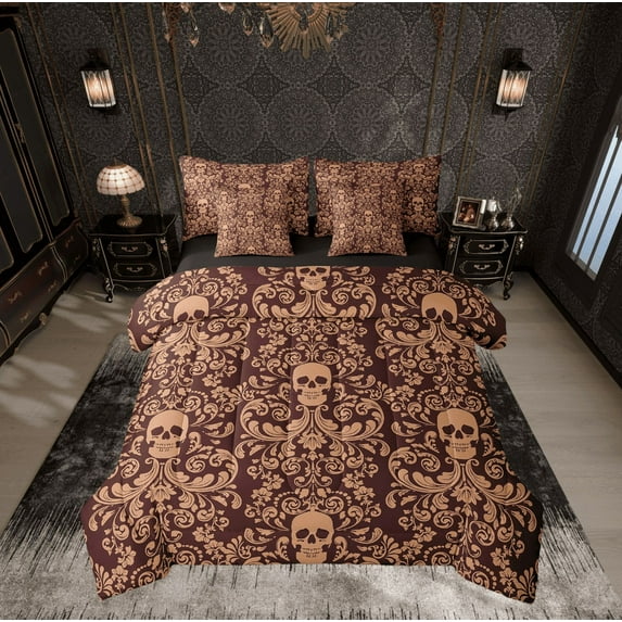 Damask Gothic Bedding Set Adults Antique Victorian Bed in a Bag Queen Comforter Set 7 Piece,Dark Brown Sugar Skull Sheet Set Vintage Baroque Floral Goth Bed Set,Exotic Bone Skeleton Bohemian Decor