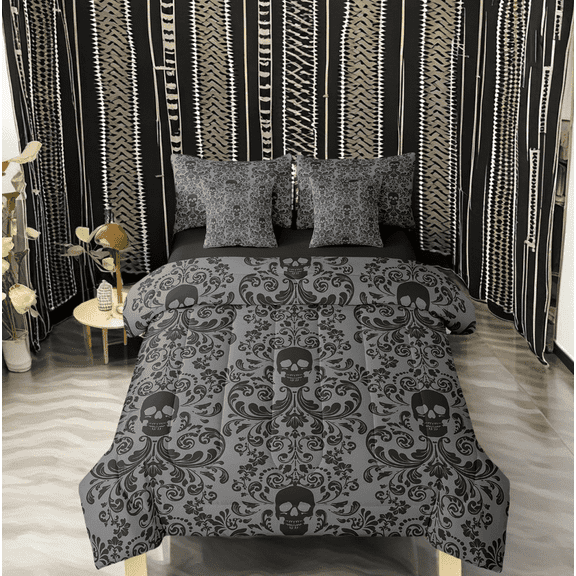 Damask Gothic Bedding Set Adults Antique Victorian Bed in a Bag Queen Comforter Set 7 Piece,Grey Black Sugar Skull Sheet Set Vintage Baroque Floral Goth Bed Set,Bone Skeleton Bohemian Decor