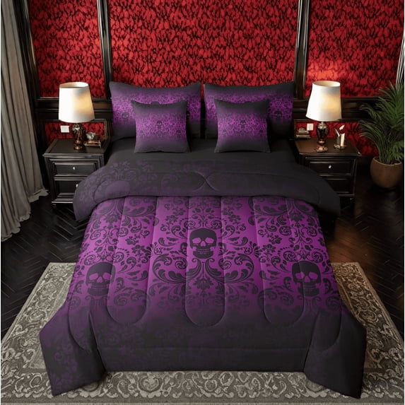 Damask Gothic Bedding Set Adults Antique Victorian Bed in a Bag Queen Comforter Set 7 Piece,Lilac Purple Sugar Skull Sheet Set Vintage Baroque Floral Goth Bed Set,Bone Skeleton Bohemian Decor