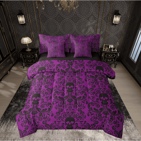 Damask Gothic Bedding Set Adults Antique Victorian Bed in a Bag Queen Comforter Set 7 Piece,Magenta Black Sugar Skull Sheet Set Vintage Floral Goth Bed Set,Exotic Bone Skeleton Bohemian Decor