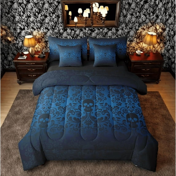 Damask Gothic Bedding Set Adults Antique Victorian Bed in a Bag Queen Comforter Set 7 Piece,Navy Blue Black Sugar Skull Sheet Set Vintage Floral Goth Bed Set,Exotic Bone Skeleton Bohemian Decor