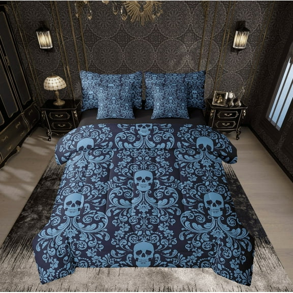 Damask Gothic Bedding Set Adults Antique Victorian Bed in a Bag Queen Comforter Set 7 Piece,Navy Blue Sugar Skull Sheet Set Vintage Baroque Floral Goth Bed Set,Exotic Bone Skeleton Bohemian Decor
