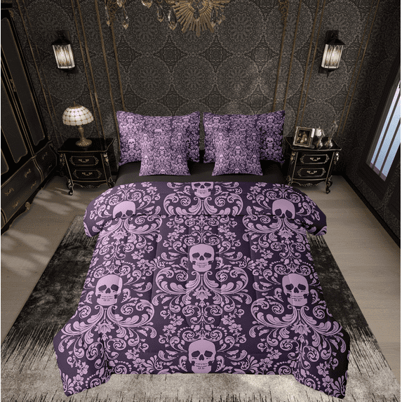 Damask Gothic Bedding Set Adults Antique Victorian Bed in a Bag Queen Comforter Set 7 Piece,Purple Sugar Skull Sheet Set Vintage Baroque Floral Goth Bed Set,Bone Skeleton Bohemian Decor