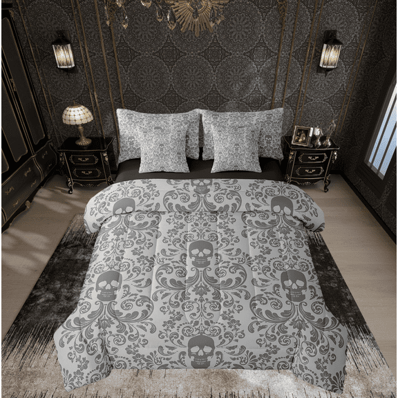 Damask Gothic Bedding Set Adults Antique Victorian Bed in a Bag Queen Comforter Set 7 Piece,Sliver Grey Sugar Skull Sheet Set Vintage Baroque Floral Goth Bed Set,Exotic Bone Skeleton Bohemian Decor