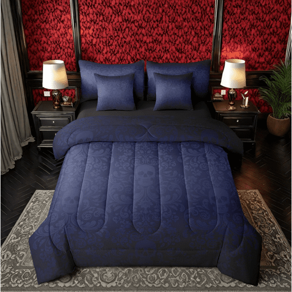 Damask Gothic Bedding Set Adults Antique Victorian Comforter Set 7 Piece Bed in a Bag Twin,Black and Blue Sugar Skull Sheet Set Vintage Floral Goth Bed Set,Exotic Bone Skeleton Bohemian Decor