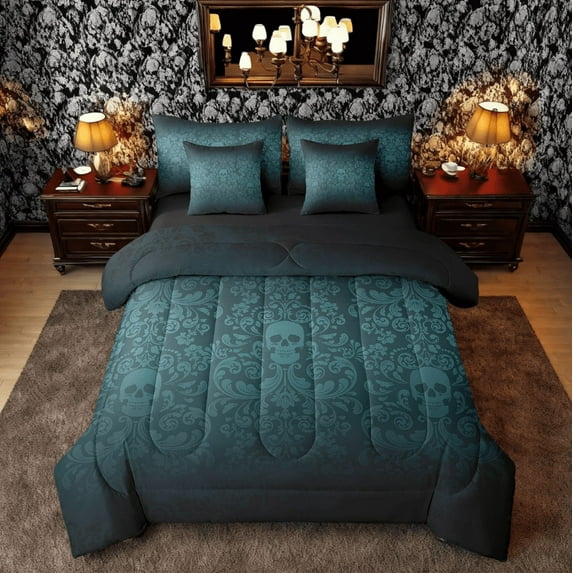 Damask Gothic Bedding Set Adults Antique Victorian Comforter Set 7 Piece Bed in a Bag Twin,Black Green Sugar Skull Sheet Set Vintage Baroque Floral Goth Bed Set,Exotic Bone Skeleton Bohemian Decor