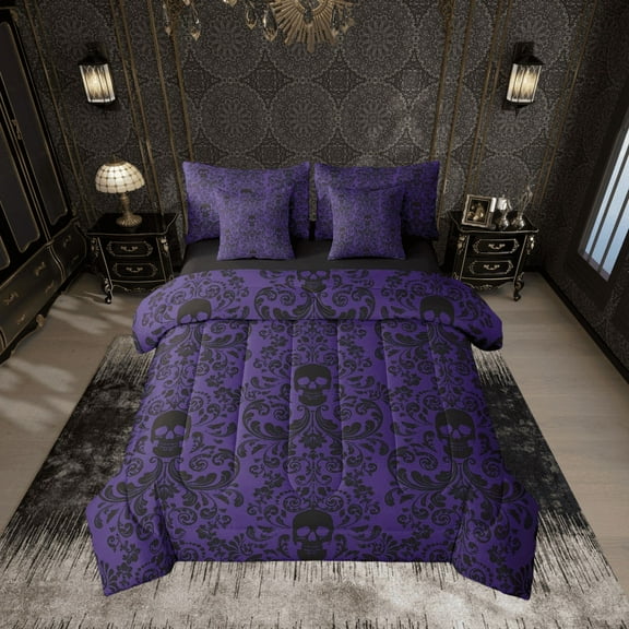 Damask Gothic Bedding Set Adults Antique Victorian Comforter Set 7 Piece Bed in a Bag Twin,Purple Black Sugar Skull Sheet Set Vintage Baroque Floral Goth Bed Set,Exotic Bone Skeleton Bohemian Decor