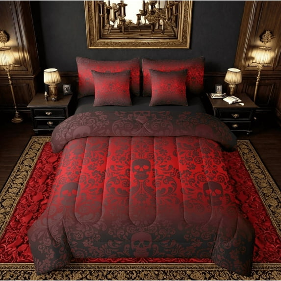 Damask Gothic Bedding Set Adults Antique Victorian Comforter Set 7 Piece Bed in a Bag Twin,Red and Black Sugar Skull Sheet Set Vintage Baroque Floral Goth Bed Set,Bone Skeleton Bohemian Decor