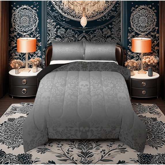 Damask Gothic Bedding Set Adults Antique Victorian Comforter Set,Dark Grey Sugar Skull Down Comforter Vintage Floral Goth Quilt Set,Exotic Bone Skeleton Bohemian Baroque Decor