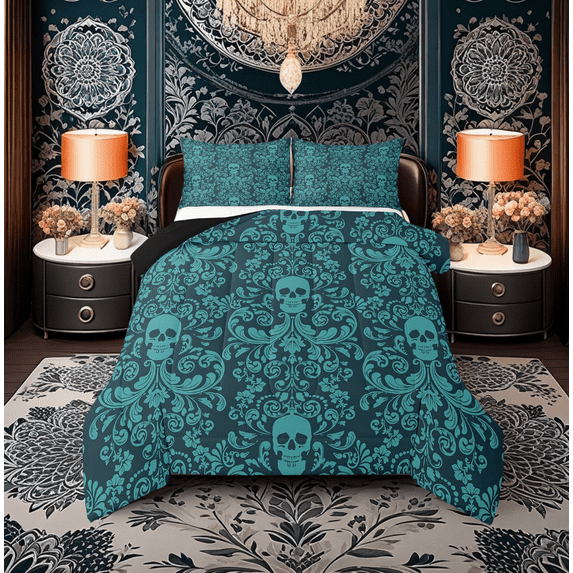Damask Gothic Bedding Set Adults Antique Victorian Comforter Set Full,Turquoise Sugar Skull Down Comforter Vintage Flowers Goth Duvet Set,Exotic Bone Skeleton Bohemian Baroque Decor