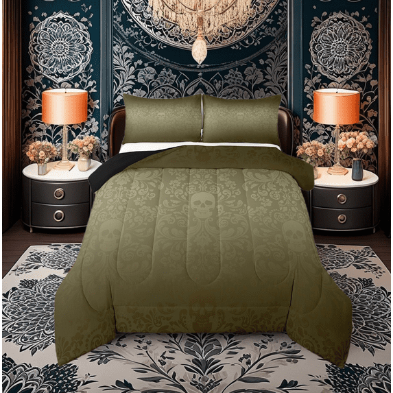 Damask Gothic Bedding Set Adults Antique Victorian Comforter Set,Green Sugar Skull Down Comforter Vintage Floral Goth Duvet Set,Exotic Bone Skeleton Bohemian Baroque Decor