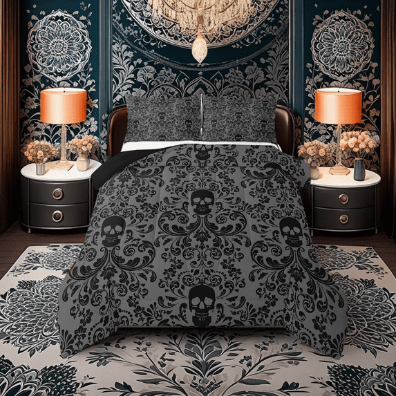 Damask Gothic Bedding Set Adults Antique Victorian Comforter Set Queen,Grey Black Sugar Skull Down Comforter Vintage Baroque Floral Goth Duvet Insert,Exotic Bone Skeleton Bohemian Decor