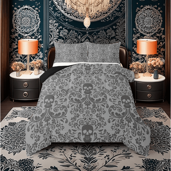 Damask Gothic Bedding Set Adults Antique Victorian Comforter Set Queen,Sliver Grey Sugar Skull Down Comforter Vintage Baroque Floral Goth Duvet Set,Exotic Bone Skeleton Bohemian Decor