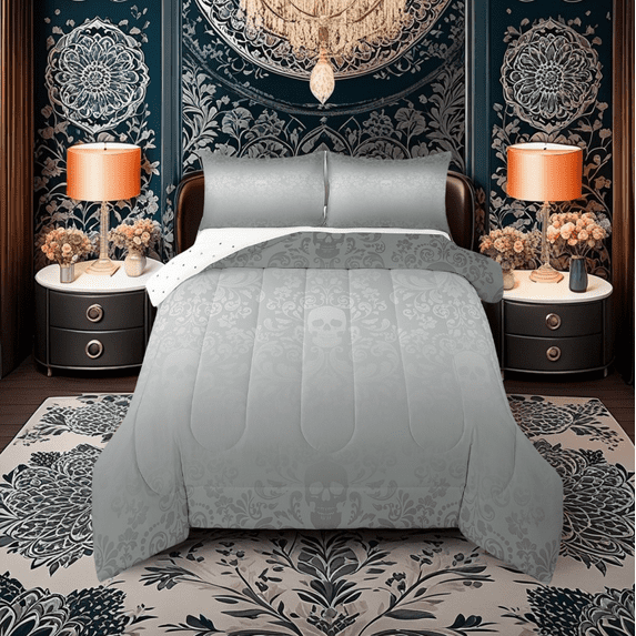 Damask Gothic Bedding Set Adults Antique Victorian Comforter Set Twin,Sliver Sugar Skull Down Comforter Vintage Baroque Floral Goth Duvet Insert,Exotic Bone Skeleton Bohemian Decor