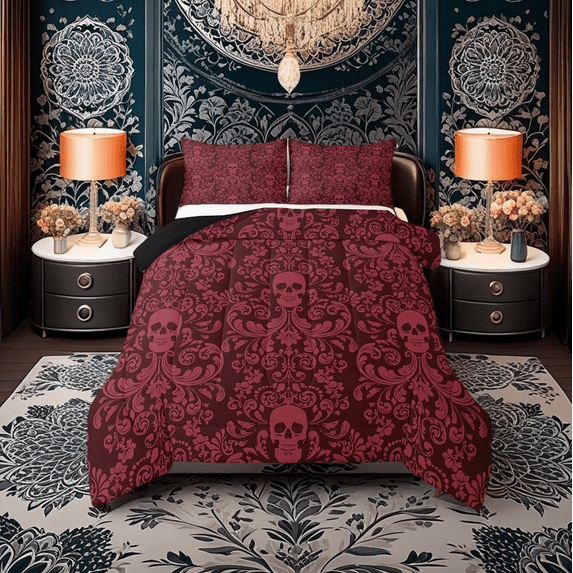 Damask Gothic Comforter Set Adults Antique Victorian Bedding Set,Carmine Sugar Skull Bed Set Vintage Floral Goth Duvet Insert,Exotic Bone Skeleton Bohemian Baroque Decor