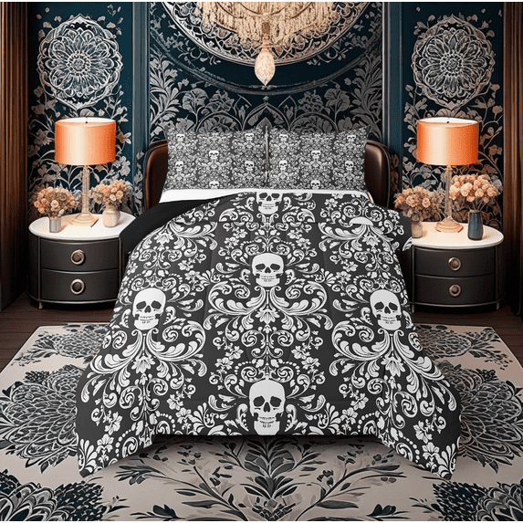 Damask Gothic Comforter Set Adults Antique Victorian Bedding Set Full,Black and White Sugar Skull Bed Set Vintage Flowers Goth Quilt Set,Exotic Bone Skeleton Bohemian Baroque Decor