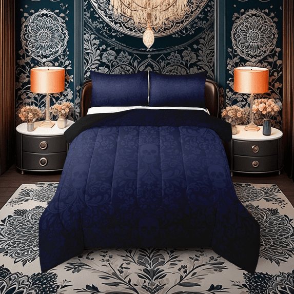 Damask Gothic Comforter Set Adults Antique Victorian Bedding Set Queen,Black and Blue Sugar Skull Bed Set Vintage Baroque Floral Goth Quilt Set,Exotic Bone Skeleton Bohemian Decor