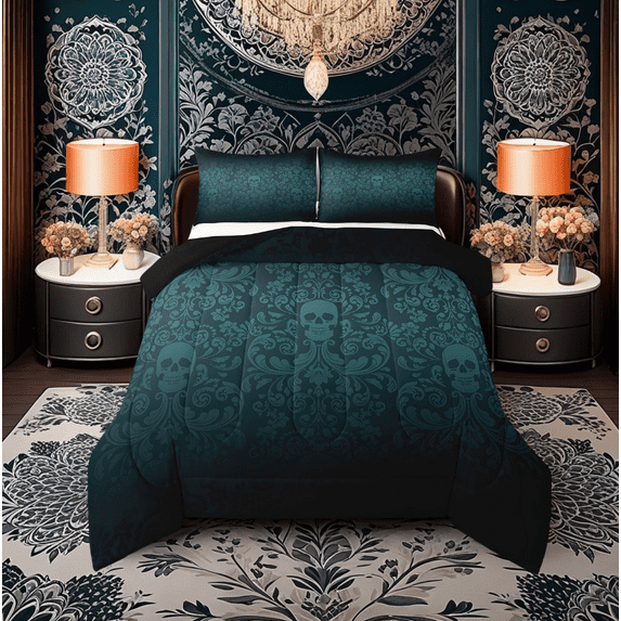 Damask Gothic Comforter Set Adults Antique Victorian Bedding Set King,Black Green Sugar Skull Bed Set Vintage Floral Goth Quilt Set,Exotic Bone Skeleton Bohemian Baroque Decor
