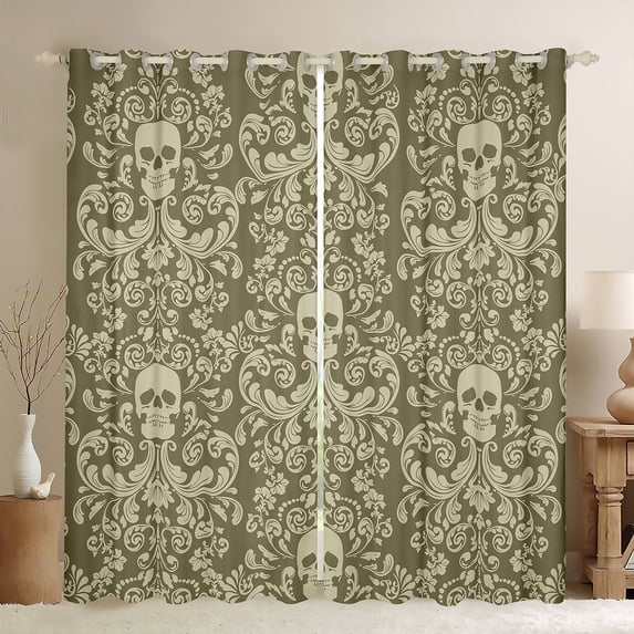 Damask Gothic Curtains Antique Victorian 30%-50% Blackout Curtains 2 Panels 38"Wx45"L,Green Beige Sugar Skull Curtains Drapes Vintage Floral Goth Curtains