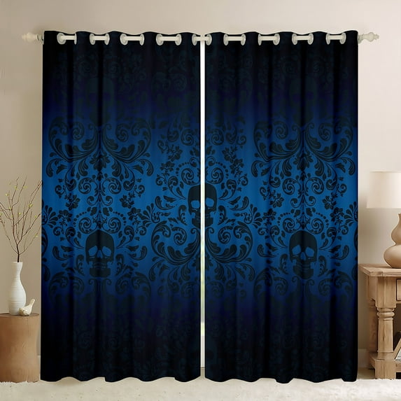 Damask Gothic Curtains Antique Victorian 30%-50% Blackout Curtains 2 Panels 38"Wx45"L,Navy Blue Black Sugar Skull Curtains Drapes Vintage Floral Goth Curtains