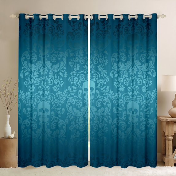 Damask Gothic Curtains Antique Victorian 30%-50% Blackout Curtains 2 Panels 38"Wx54"L,Teal Sugar Skull Curtains Drapes Vintage Baroque Floral Goth Window Curtains