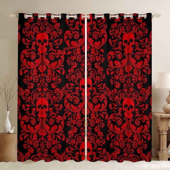 Damask Gothic Curtains Antique Victorian 30%-50% Blackout Curtains 2 Panels 42"Wx90"L,Black Red Sugar Skull Curtains Drapes Vintage Floral Goth Window Curtains
