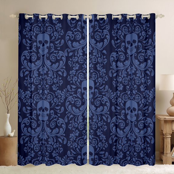 Damask Gothic Curtains Antique Victorian 30%-50% Blackout Curtains 2 Panels 52"Wx63"L,Dark Blue Sugar Skull Curtains Drapes Vintage Baroque Floral Goth Window Curtains