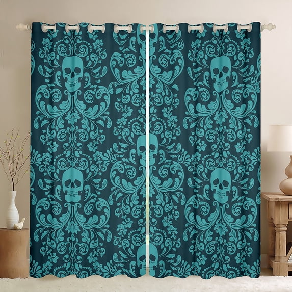 Damask Gothic Curtains Antique Victorian 30%-50% Blackout Curtains 2 Panels 52"Wx63"L,Turquoise Sugar Skull Curtains Drapes Vintage Baroque Floral Goth Window Curtains