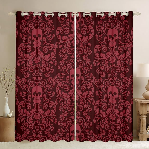 Damask Gothic Curtains Antique Victorian 30%-50% Blackout Curtains 2 Panels 52"Wx84"L,Carmine Sugar Skull Curtains Drapes Vintage Flowers Goth Window Curtains