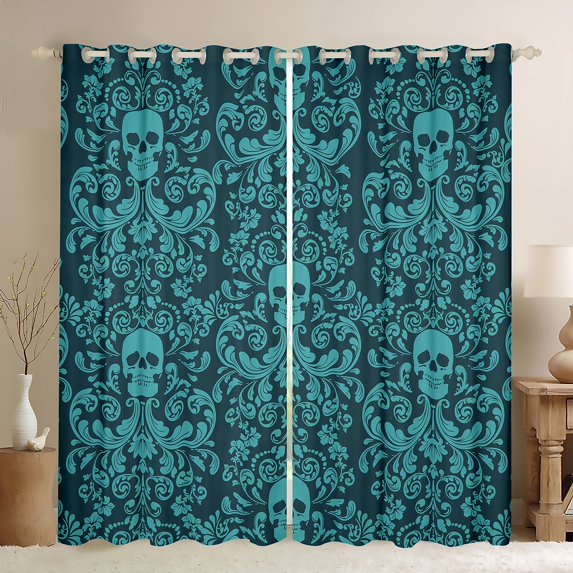 Damask Gothic Curtains Antique Victorian 30%-50% Blackout Curtains 2 Panels 52"Wx84"L,Turquoise Sugar Skull Curtains Drapes Vintage Flowers Goth Window Curtains