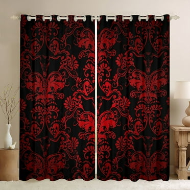 Damask Gothic Curtains Antique Victorian Blackout&nbsp;Curtains 2 Panels 38"Wx45"L,Vintage Floral Goth Curtains&nbsp;&&nbsp;Drapes Longhorn Skull Window&nbsp;Curtains,Red and White