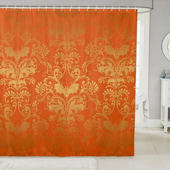Damask Gothic Shower Curtain Antique Victorian Fabric Shower Curtain 72"Wx78"L,Vintage Floral Goth Bathroom Shower,Orange and Yellow