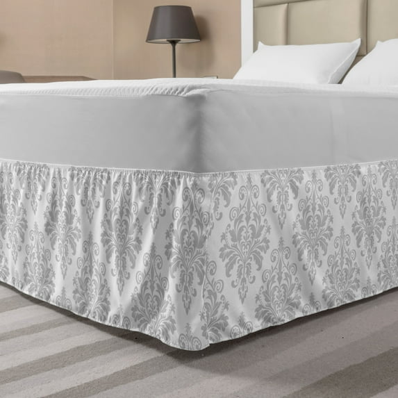 Damask Grey Bed Skirt, Antique Baroque Pattern of Continuous Botany Swirls Illustration Print, Elastic Bedskirt Dust Ruffle Wrap Around for Bedding Decor, 4 Sizes, Pale Grey and White, by Ambesonne