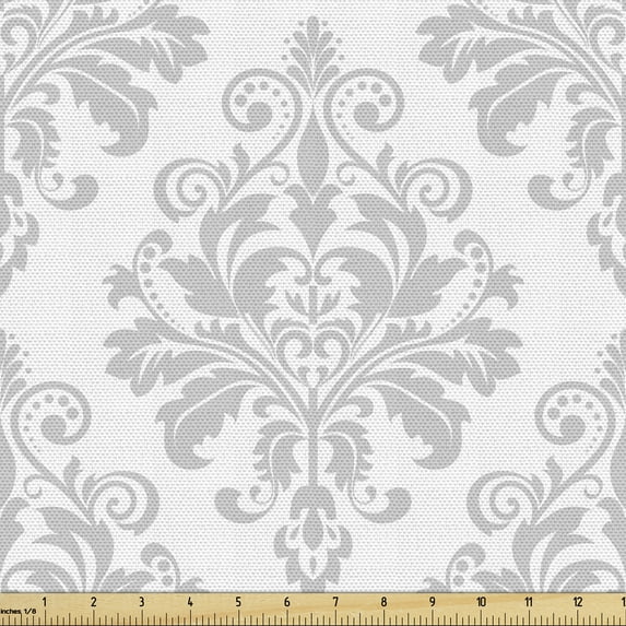 Ambesonne Damask Grey Fabric by the Yard Upholstery, Baroque Botany Swirls, 10 Yards, Pale Grey and White