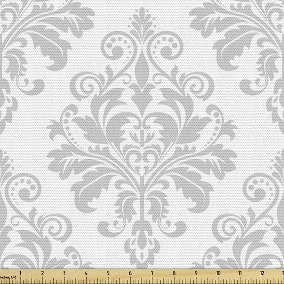 Ambesonne Damask Grey Fabric by the Yard Upholstery, Baroque Botany Swirls, 2 Yards, Pale Grey and White