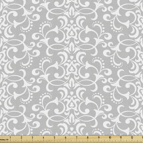 Damask Grey Fabric by the Yard, Repetitive Floral Swirls Baroque Classic Ornamental Graphic, Decorative Upholstery Fabric for Chairs & Home Accents, 1 Yard, Pale Grey and White by Ambesonne