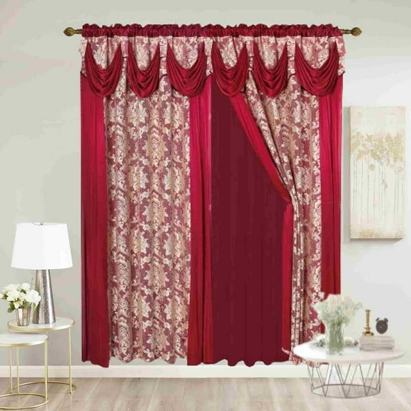 Damask Jacquard Attached Solid Valances Scarf and Tassels Window Curtain Bedroom, Living Room, and Dining Room (108 x 84 inches) (Burgundy - Gold)
