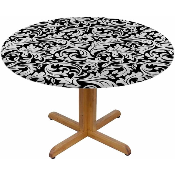 Damask Jacquard Round Table Cloth Grey Black Graphic Modern Floral Elastic Edged Table Cover Fade And Stain Resistant Table Cloths Easy To Clean Fits Tables 40-44" Diameter