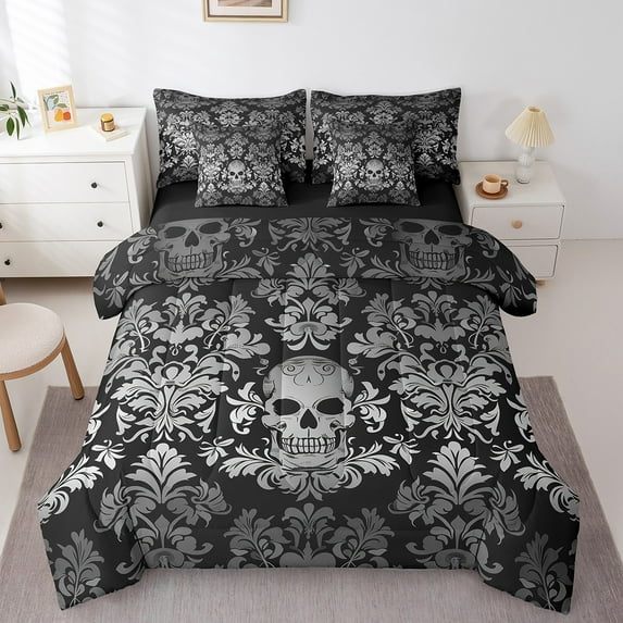 Damask King Comforter Set,Victorian Baroque Gothic 7 Pieces Bed in a Bag,Vintage Floral Exotic Bone Skeleton Bedding Sets with 1 Comforter,1 Flat Sheet,1 Fitted Sheet,2 Pillowcase and 2 Pillow Sham
