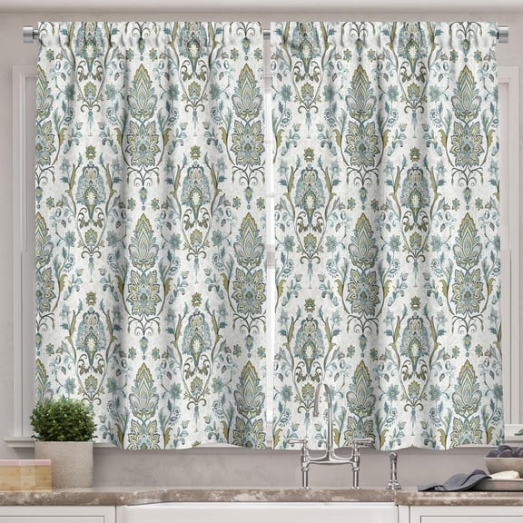 Damask Kitchen Curtains, Exotic Traditional Floral Illustration Print Stained Back Illusion, Window Drapes 2 Panel Set for Kitchen Cafe Decor, 55" x 36", Pale Seafoam and Sage Green