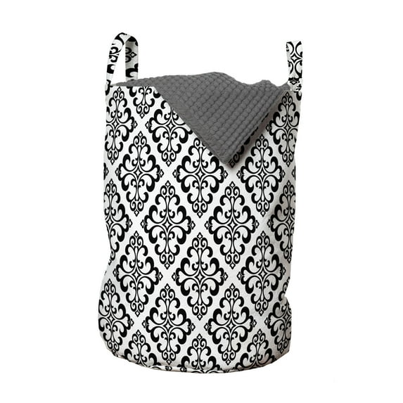 Damask Laundry Bag, Classic Victorian Baroque Mosaic Style Rococo Vintage Renaissance Motif, Basket with Handles Drawstring Closure for Laundromats, 13" x 19", Charcoal Grey and White, by Ambesonne