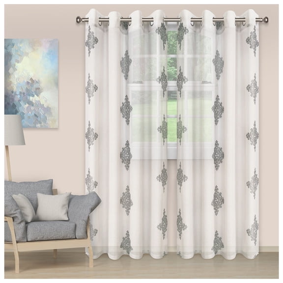 Damask Moroccan Soft Diffused Light Airy Lightweight Embroidered Sheer Curtain Set Charcoal / 52"x108"