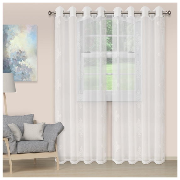 Damask Moroccan Soft Diffused Light Airy Lightweight Embroidered Sheer Curtain Set White / 52"x108"