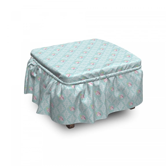Damask Ottoman Cover, Intricate Pastel Flowers, 2 Piece Slipcover Set with Ruffle Skirt for Square Round Cube Footstool Decorative Home Accent, Standard Size, Blue Grey Multicolor, by Ambesonne