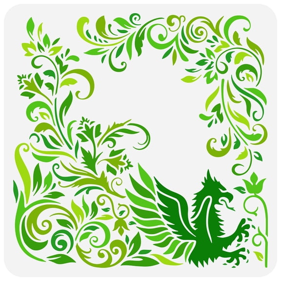 Damask Painting Stencil 11.8x11.8 inch Reusable Wing Dragon Pattern Drawing Template DIY Damask Flower Corner Border Decoration Stencil for DIY