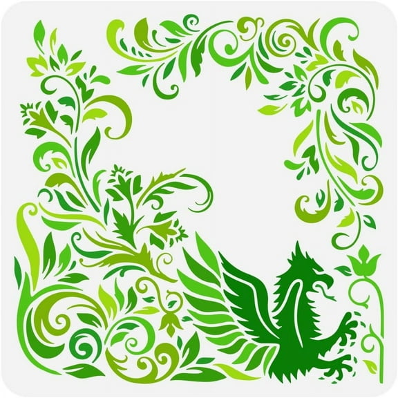 Damask Painting Stencil 11.8x11.8 inch Reusable Wing Dragon Pattern Drawing Template DIY Damask Flower Corner Border Decoration Stencil