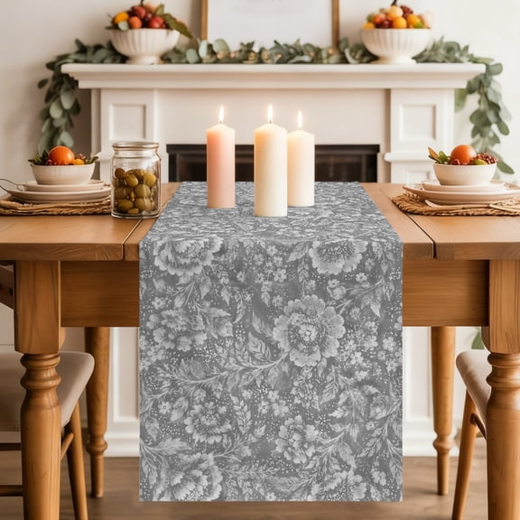 Damask Pattern Dining Table Runner, Classic Slate Gray Floral Leaf Pattern Shabby Chic Washable Table Runners Kitchen Coffee Table Center Decor for Home Party Holiday Wedding 18 x 72 Inches